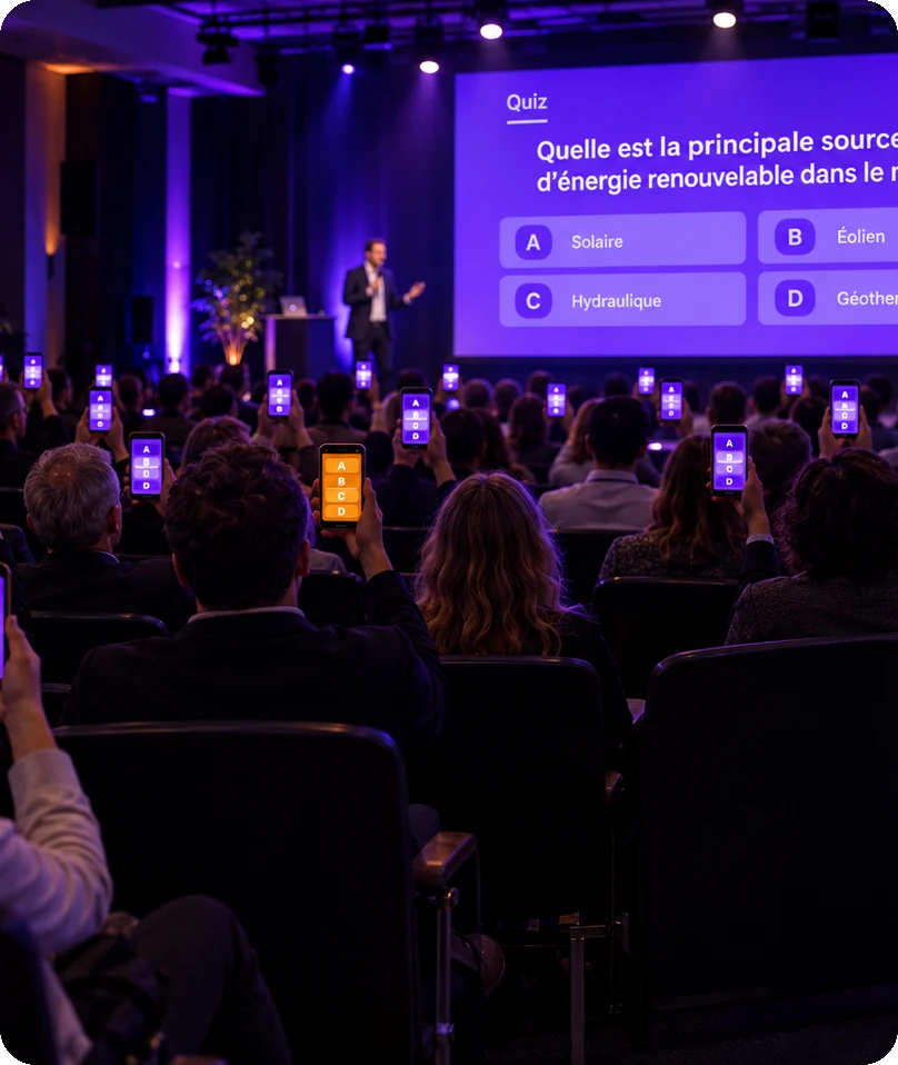 Une salle de convention : les participants répondent sur leur téléphone, la question est sur l'écran